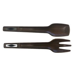 MCM wooden salad servers fork and spoon with decorative metal accents. Geometric
